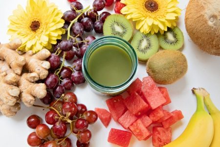 Fruit Raspberries Kiwi Watermelon Flowers Ginger Bananas Pineapple Flatlay green juice